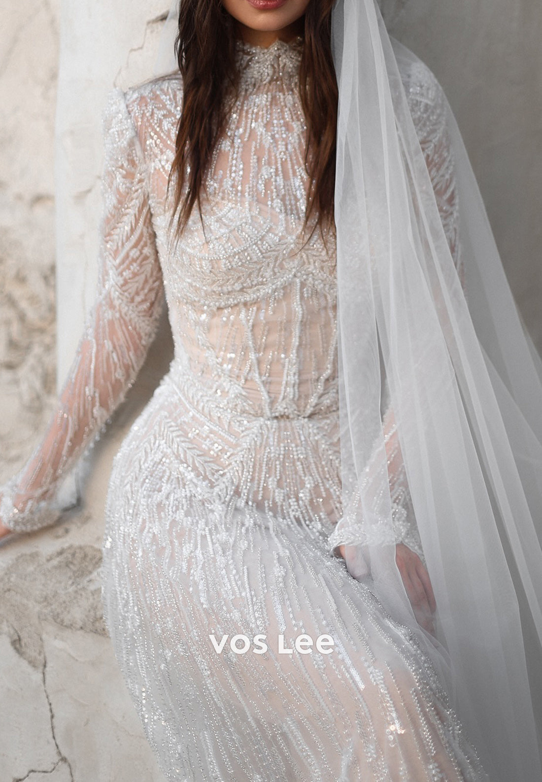Fully Beaded Long Sleeve Illusion Neck Sheath Wedding Dresses with Sweep Train