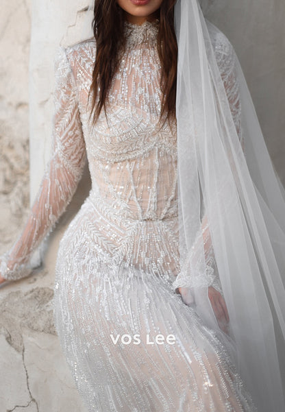 Fully Beaded Long Sleeve Illusion Neck Sheath Wedding Dresses with Sweep Train