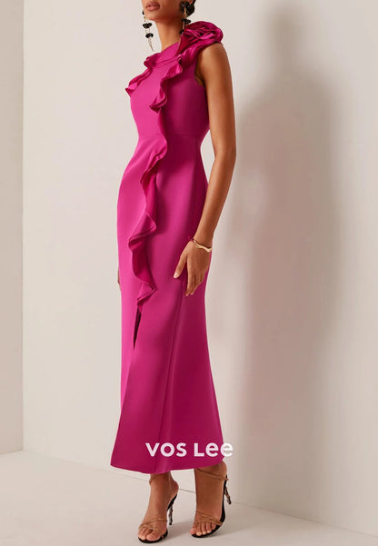 One Shoulder Pleated Ankle-Length Sheath Wedding Guest Dresses with High Split