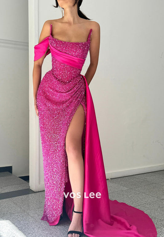 One Shoulder Fully Sequined Pleated Mermaid Long Evening Dresses with Sweep Train