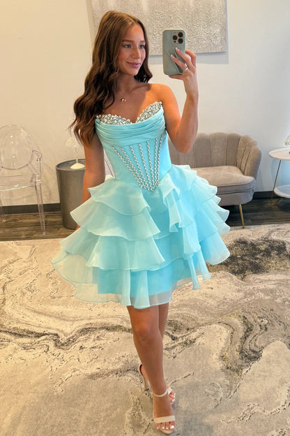 Pretty A Line Sweetheart Blue Corset Homecoming Dress with Beading Ruffles