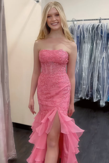 Strapless Teal Lace Appliques Fitted Ruffle Prom Dress