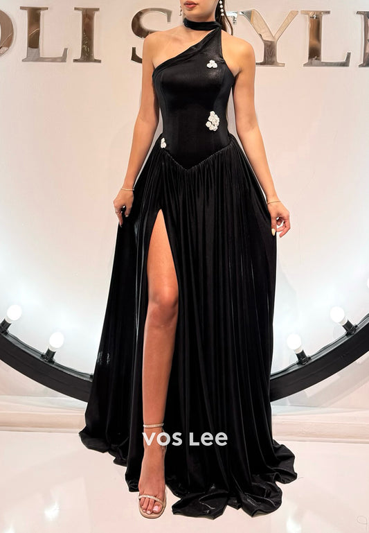 Black A-Line One Shoulder Flowers Pleated Prom Dresses with High Split