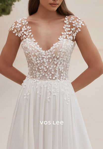 A-Line Cap Sleeves Sweetheart Appliques Lace Pleated Wedding Dresses with Court Train