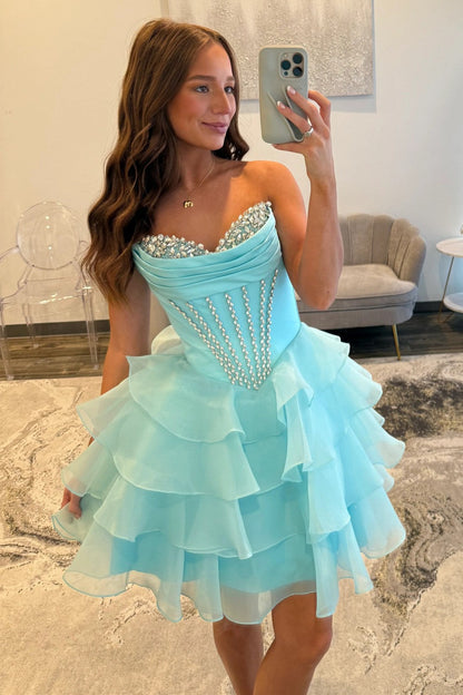 Pretty A Line Sweetheart Blue Corset Homecoming Dress with Beading Ruffles