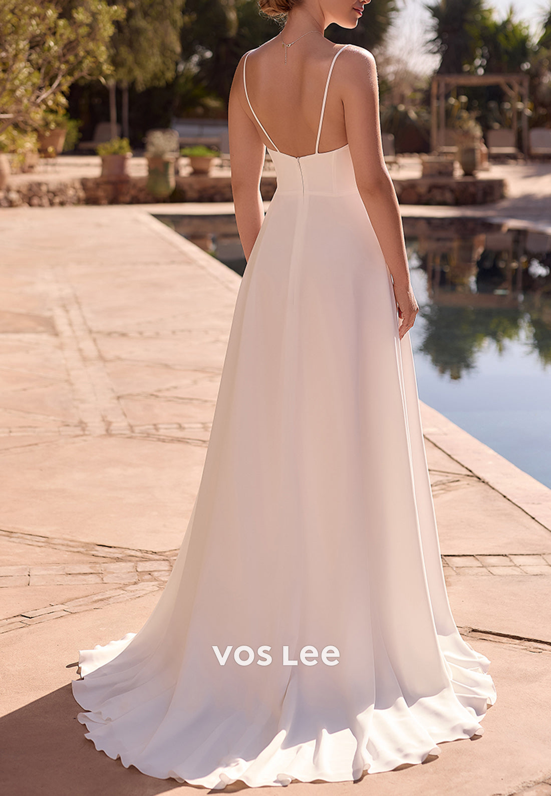A-Line Spaghetti Straps Scoop Split Pleated Beach Wedding Dresses with Sweep Train