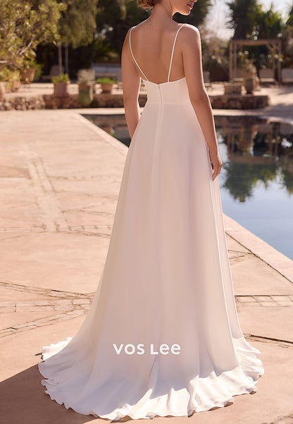 A-Line Spaghetti Straps Scoop Split Pleated Beach Wedding Dresses with Sweep Train