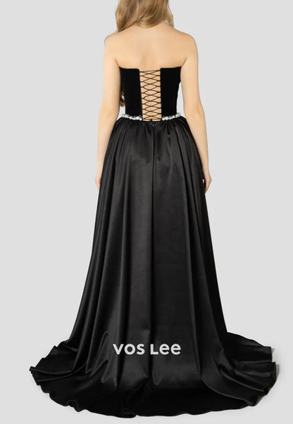 Elegant & Luxurious A-Line Strapless Pearls Empire Waist Prom Dresses with Court Train