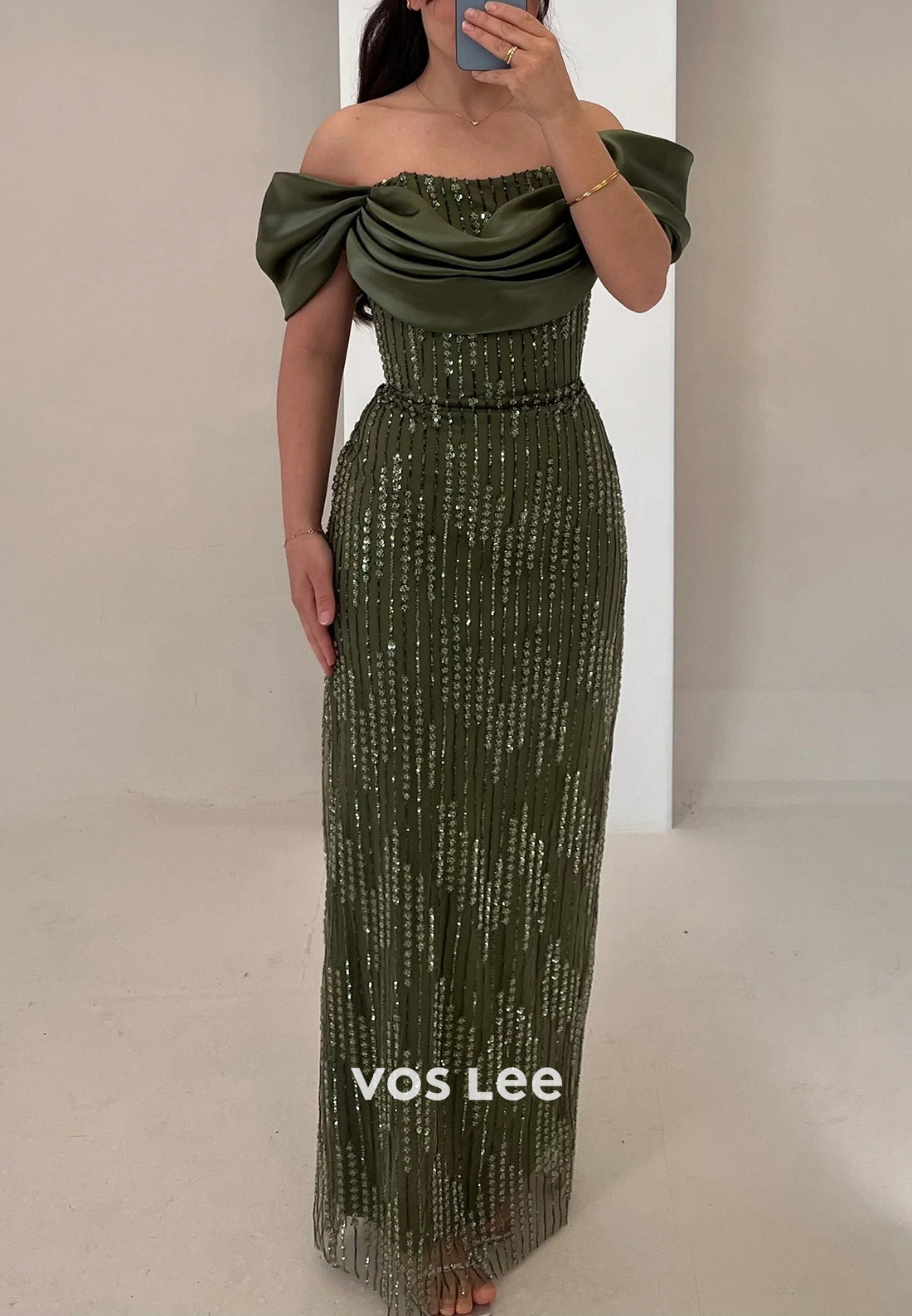 Classic & Timeless Off the Shoulder Fully Beaded Pleated Mermaid Evening Dresses with Split