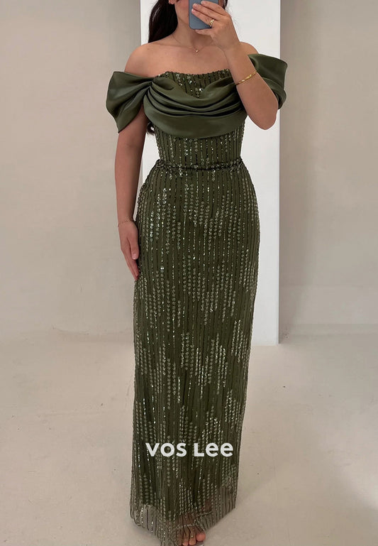 Classic & Timeless Off the Shoulder Fully Beaded Pleated Mermaid Evening Dresses with Split