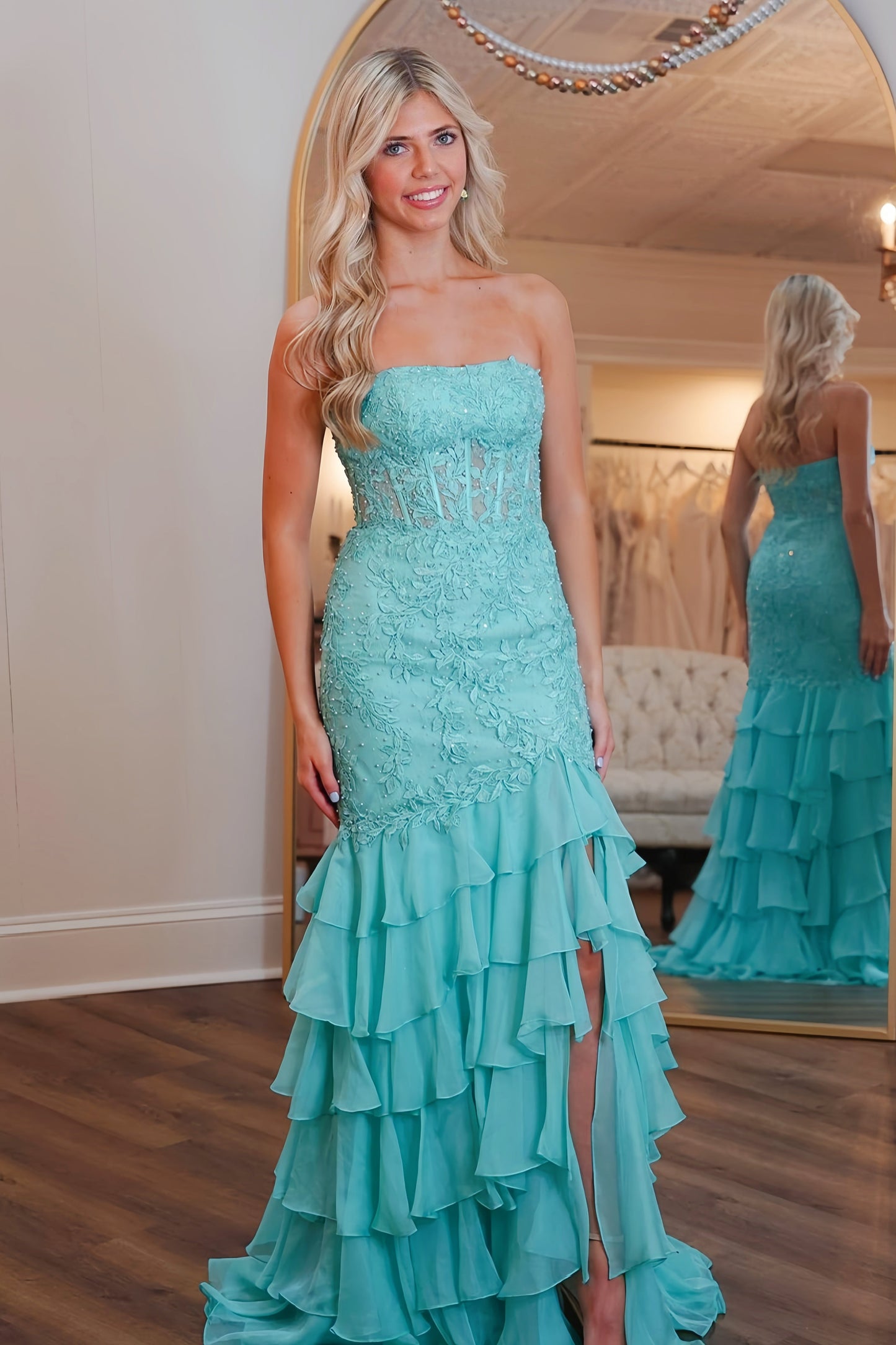 Strapless Teal Lace Appliques Fitted Ruffle Prom Dress
