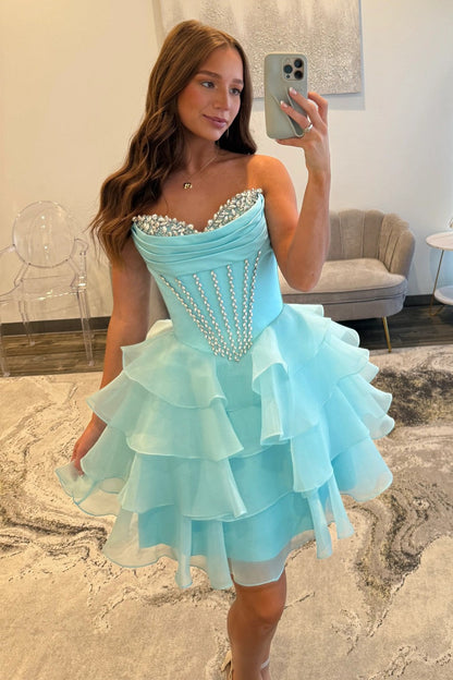 Pretty A Line Sweetheart Blue Corset Homecoming Dress with Beading Ruffles