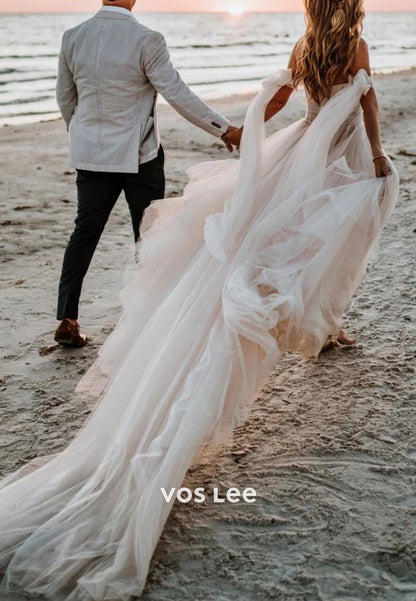 A-Line Off the Shoulder Bowknot Sweetheart Pleated Beach Wedding Dresses with High Split