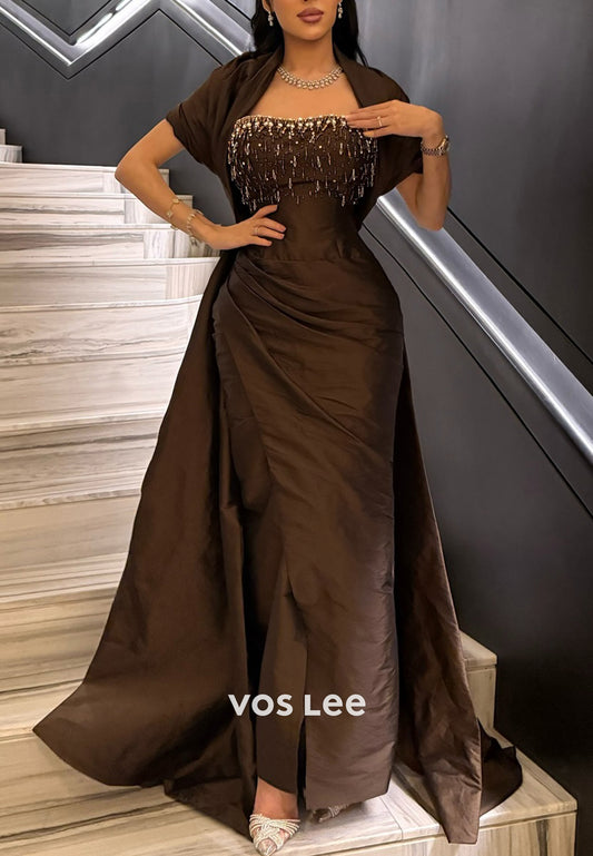 Short Sleeve Sweetheart Rhinestone Embellished Pleated Mermaid Evening Dresses