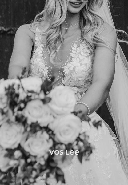 A-Line V Neck Appliques Lace Pleated Tulle Wedding Dresses with Court Train