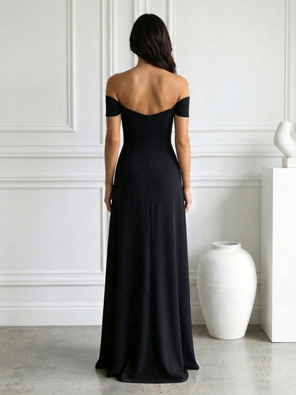 Black Off the Shoulder Mermaid Maxi Dress Prom Dress with Slit