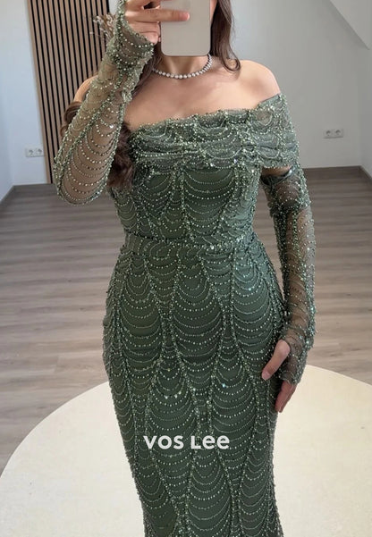 One Shoulder Fully Beading Sequins Embellished Floor-Length Mermaid Evening Dresses
