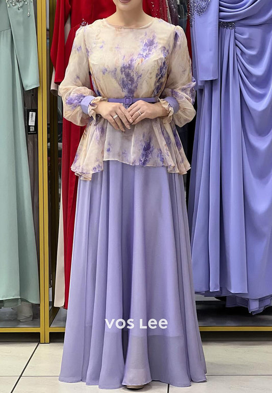 A-Line Long Sleeve Scoop Pleated Floor-Length Evening Dresses