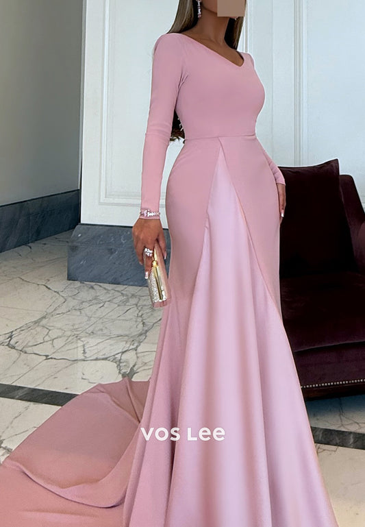 Sexy and Sleek Long Sleeve V Neck Mermaid Evening Dresses with Court Train