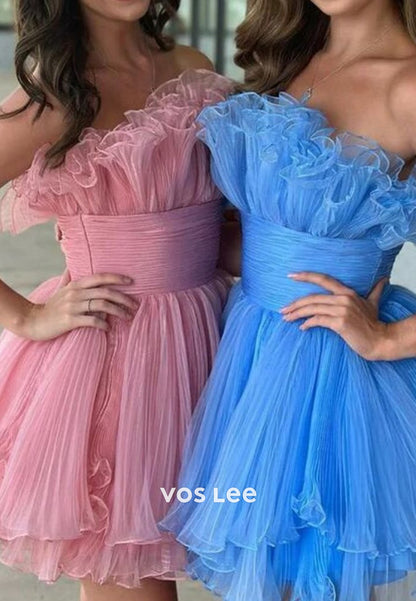 Couture & Classic A-Line Strapless Tulle Pleated Homecoming Dresses