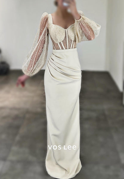 Elegant & Luxurious Long Sleeve Tulle Sweetheart Floor-Length Sheath Evening Dresses