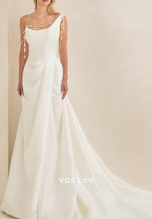 Elegant & Luxurious A-Line One Shoulder Pearls Pleated Wedding Dresses with Court Train