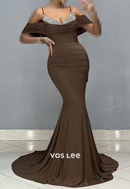 Off the Shoulder Spaghetti Straps Rhinestone Mermaid Evening Dresses with Sweep Train