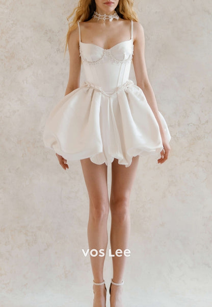 Mini & Short A-Line Spaghetti Straps Sweetheart Pearls Pleated Beach Wedding Dresses