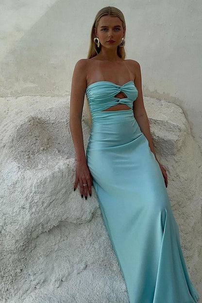 Simple Sheath Sweetheart Blue Long Prom Dress with Keyhole
