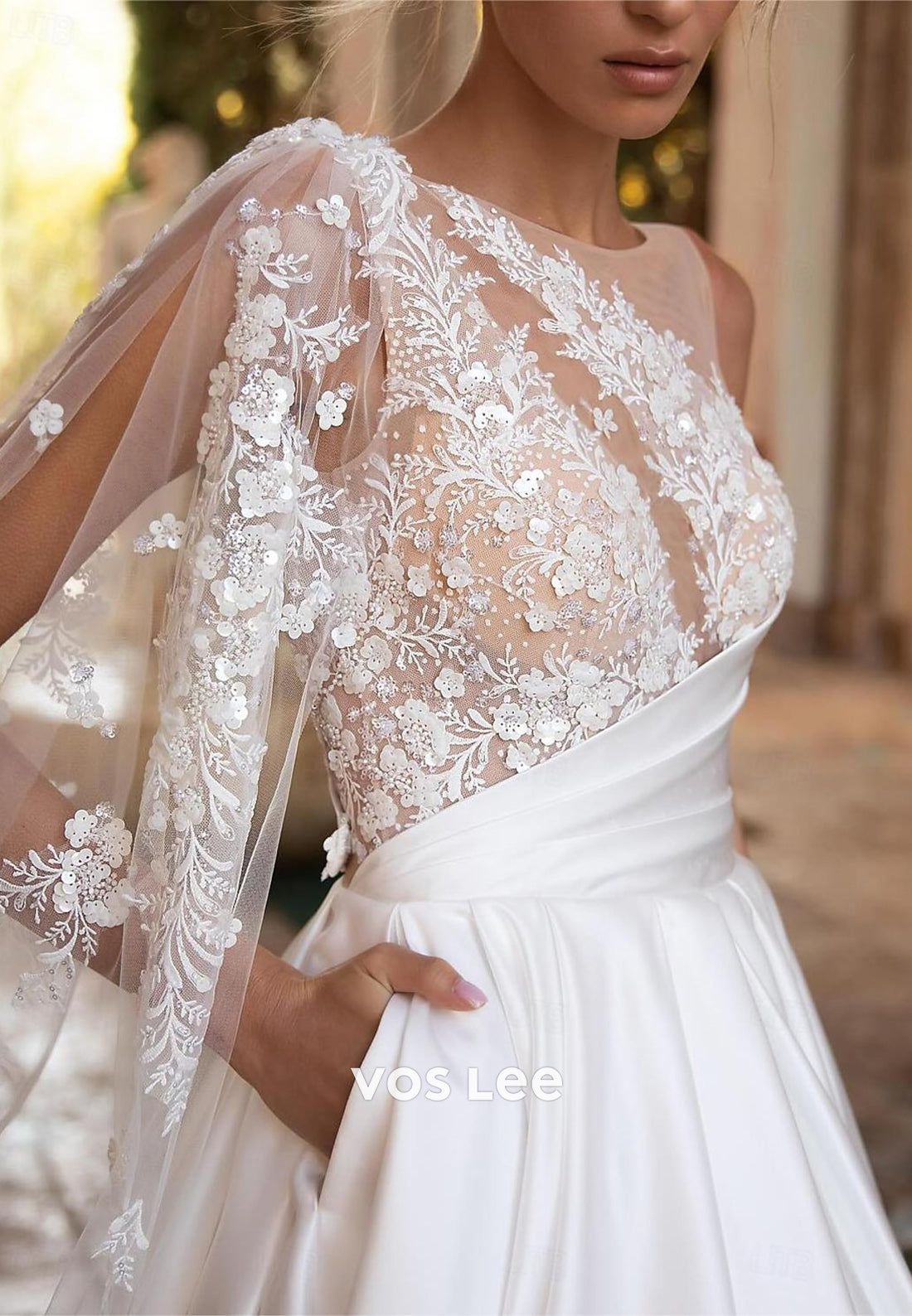 Classic & Timeless A-Line Illusion Scoop Neck Pleated Wedding Dresses with Pockets