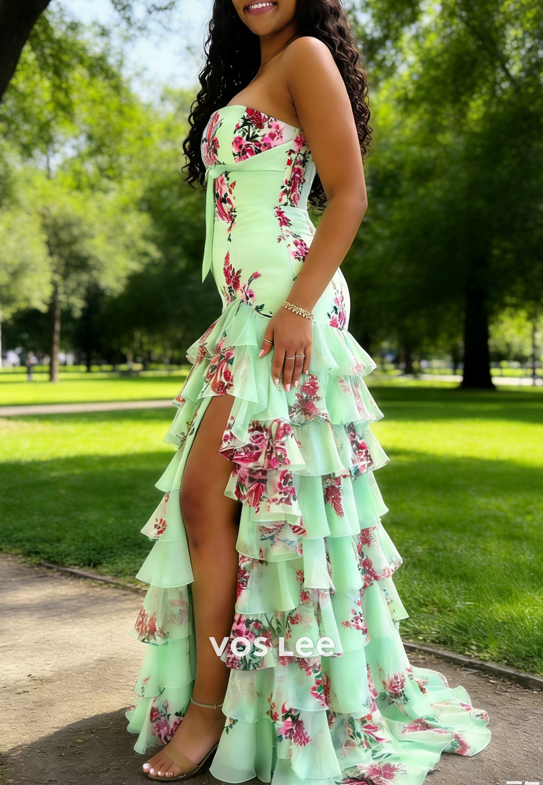 Strapless Mermaid Chiffon Ruffled Split Formal Prom Dresses With Bow