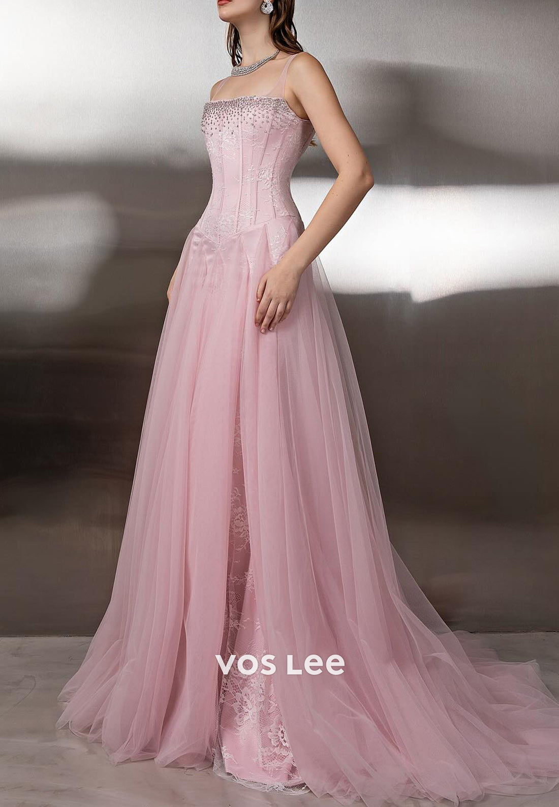 Pink A-Line Spaghetti Straps Square Lace Rhinestone Prom Dresses with Court Train