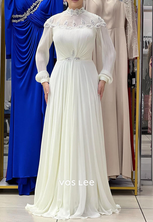 A-Line Long Sleeve High Neck Sequined Embellished Pleated Evening Dresses