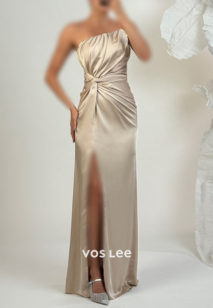 Classic & Timeless Strapless  Floor-Length Pleated Mermaid Evening Dresses with High Split