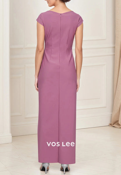 Cap Sleeves V Neck Ruched Rhinestone Ankle-Length Sheath Mother of Bride Dresses