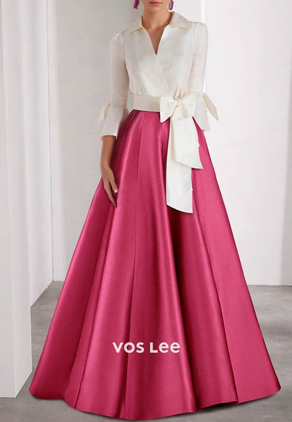A-Line Bell Sleeves V Neck Bowknot Pleated Floor-Length Mother of Bride Dresses