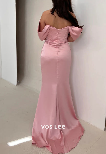 Simple & Classic Off the Shoulder Pearls Pleated Mermaid Evening Dresses with High Split