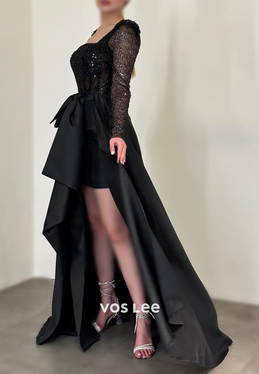 Chic & Modern High Low Long Sleeve Square Sequined Evening Dresses with Court Train