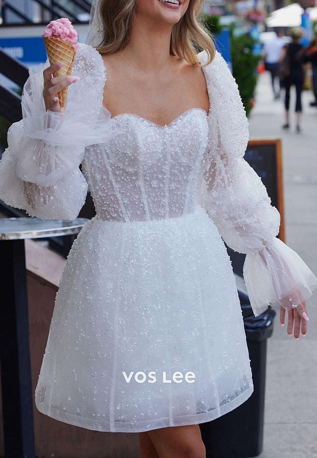 Sparkly A-Line Detachable Long Sleeve Sweetheart Fully Beaded Short Wedding Dresses