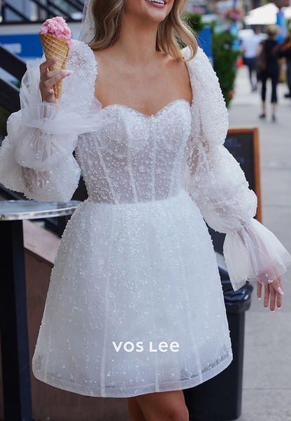 Sparkly A-Line Detachable Long Sleeve Sweetheart Fully Beaded Short Wedding Dresses