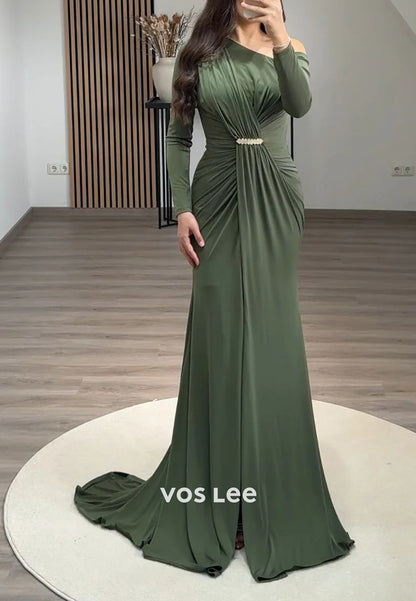 Long Sleeve One Shoulder Rhinestone Pleated Mermaid Evening Dresses with Sweep Train