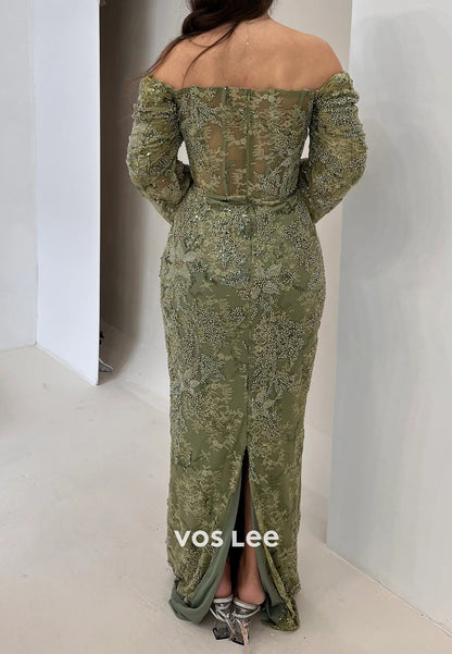 Bell Sleeves Off the Shoulder Fully Lace Appliqued Beaded Sheath Evening Dresses with Split