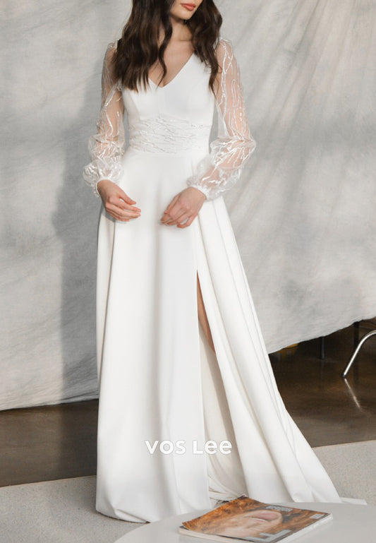 A-Line V Neck Appliqued Long Sleeve Floor-Length Wedding Dresses with Side Split