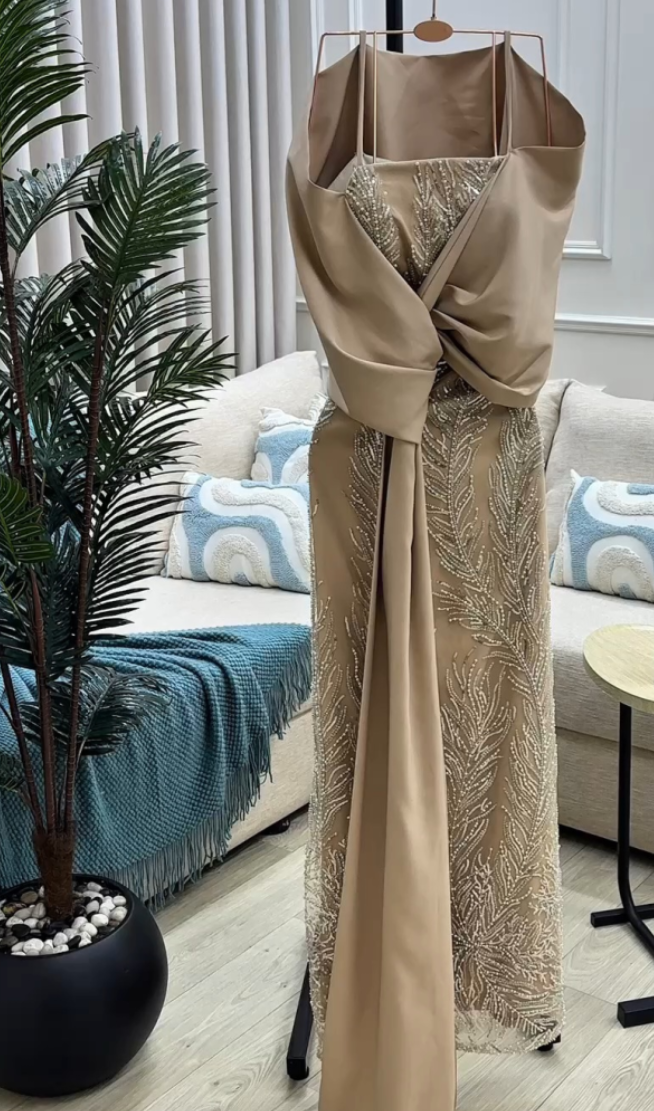 Elegant Sequin Evening Gown | Draped Capelet Formal Dress with Slit