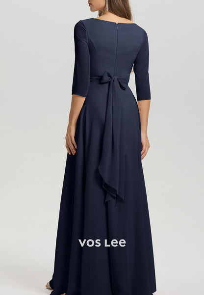 A-Line High Low 3/4 Sleeve V Neck Pleated Floor-Length Mother of Bride Dresses