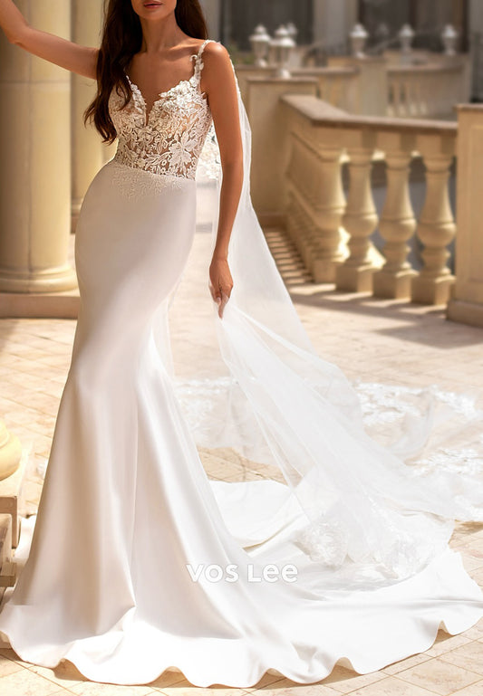 V Neck Spaghetti Straps Appliques Lace Mermaid Wedding Dresses with Sweep Train