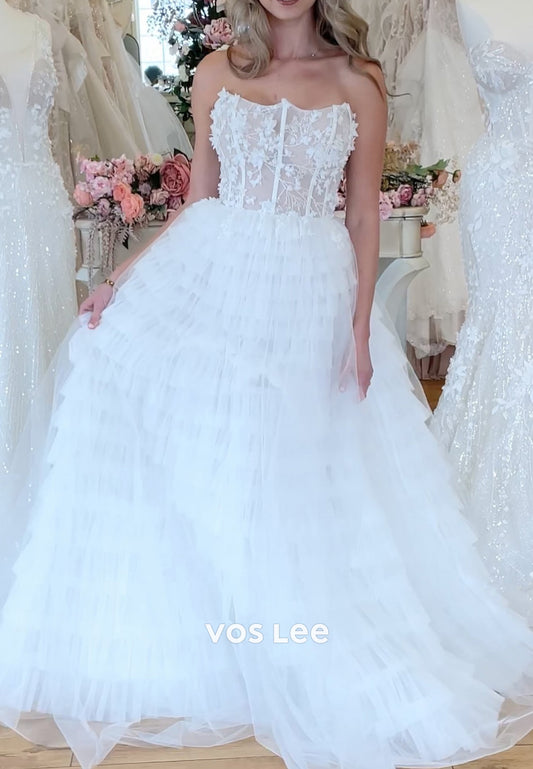 A-Line Strapless Scoop Appliques Lace Tiered Wedding Dresses