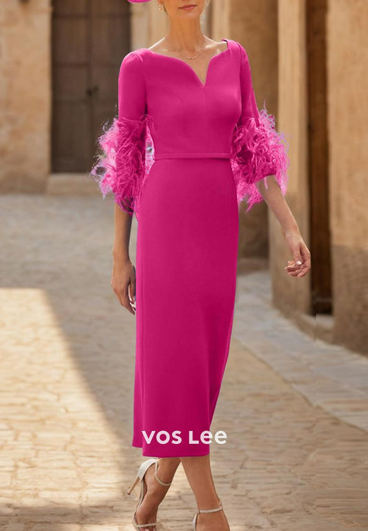Simple & Classic Half Sleeve Feather Sheath Mother of Bride Dresses