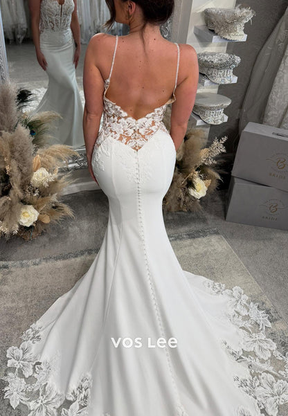 Spaghetti Straps V Neck Appliques Lace Mermaid Wedding Dresses with Chapel Train