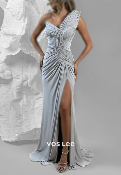 One Shoulder Sweetheart Pleated Side Split Mermaid Prom Dresses with Sweep Train